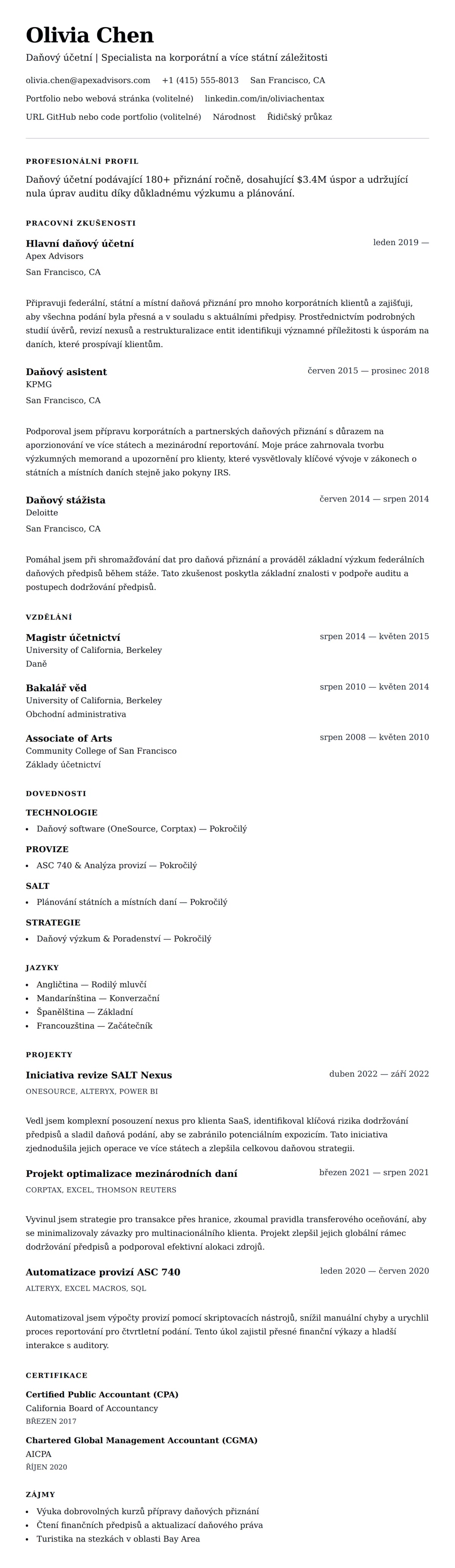 Náhled životopisu pro Příklad životopisu daňového účetního