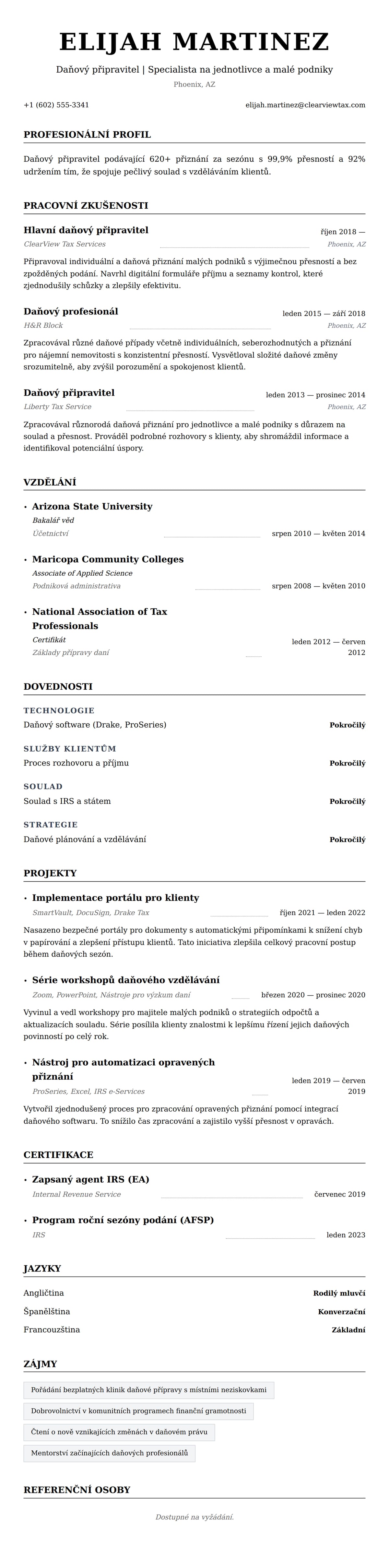 Náhled životopisu pro Příklad životopisu daňového připravitele