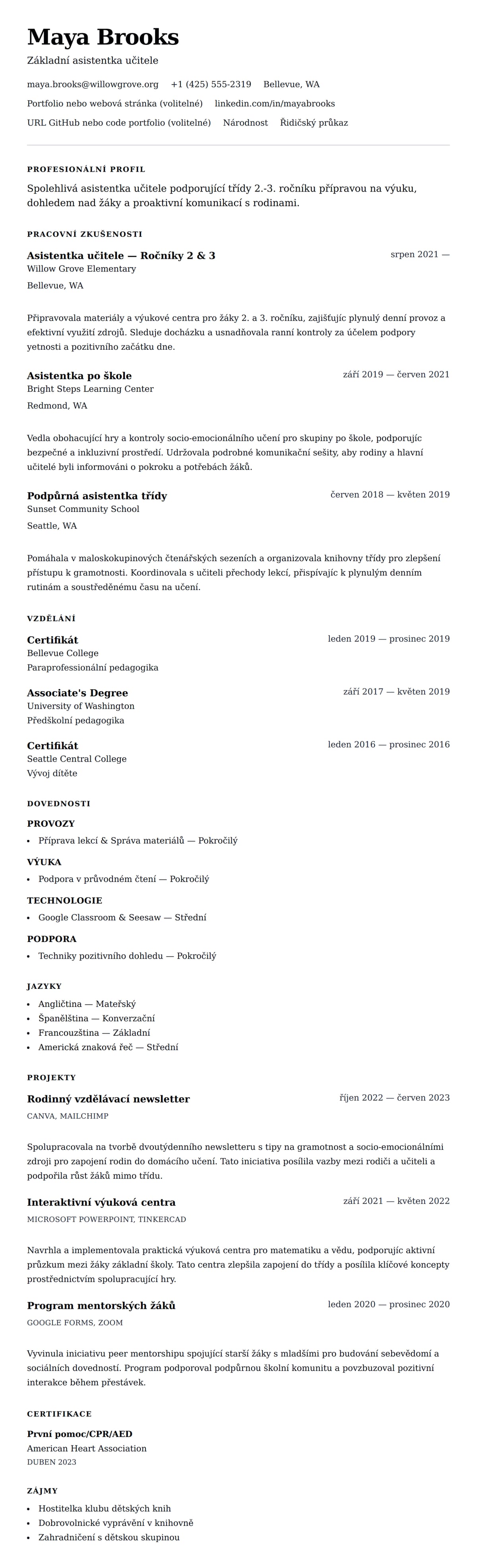 Náhled životopisu pro Příklad životopisu asistentky učitele