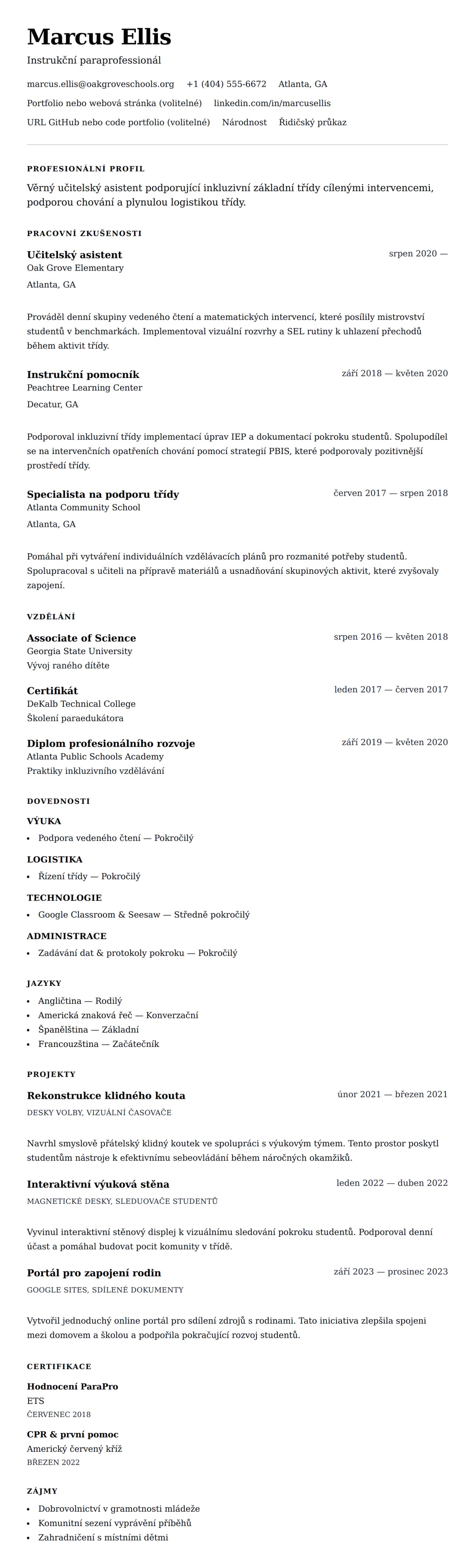 Náhled životopisu pro Příklad životopisu učitelského asistenta