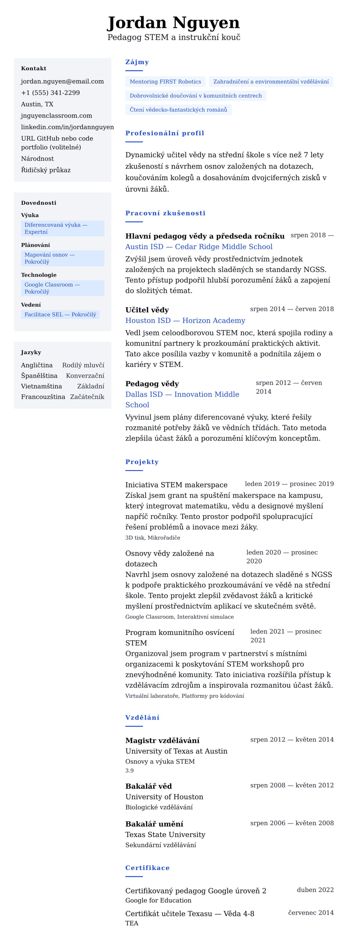 Náhled životopisu pro Příklad životopisu učitele