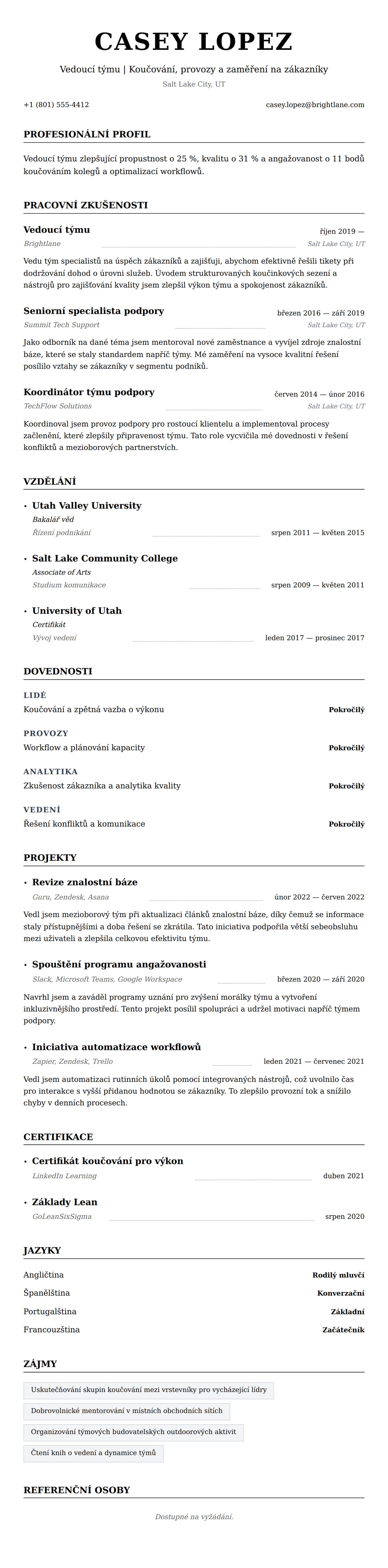 Náhled životopisu pro Příklad životopisu pro vedoucího týmu