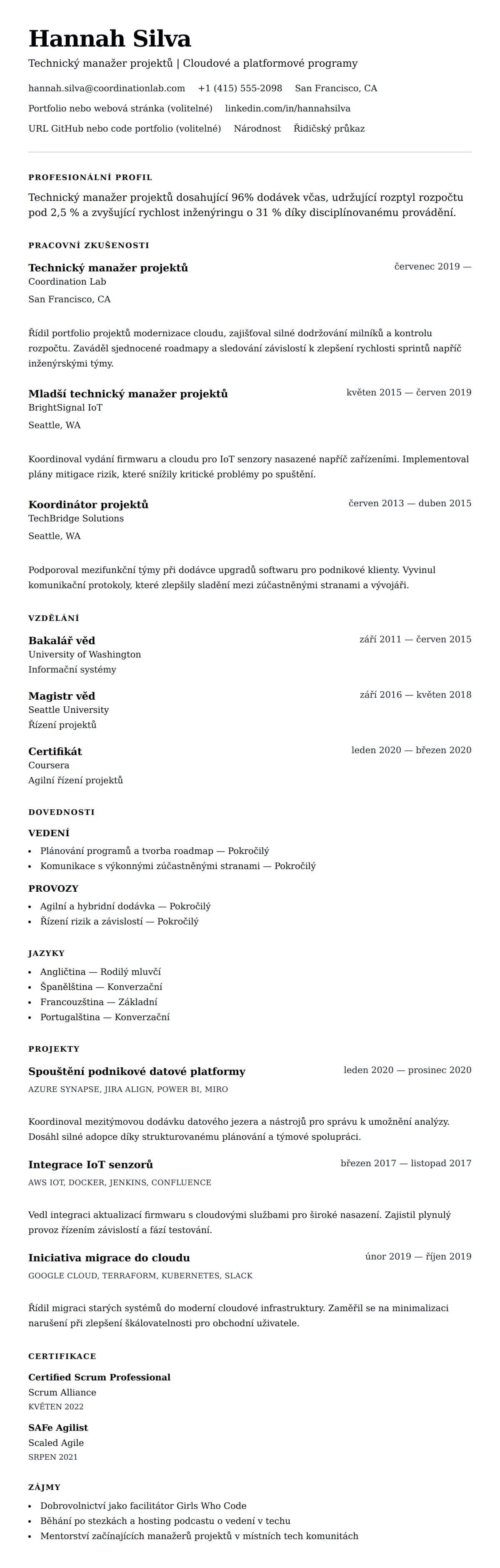Náhled životopisu pro Příklad životopisu technického manažera projektů