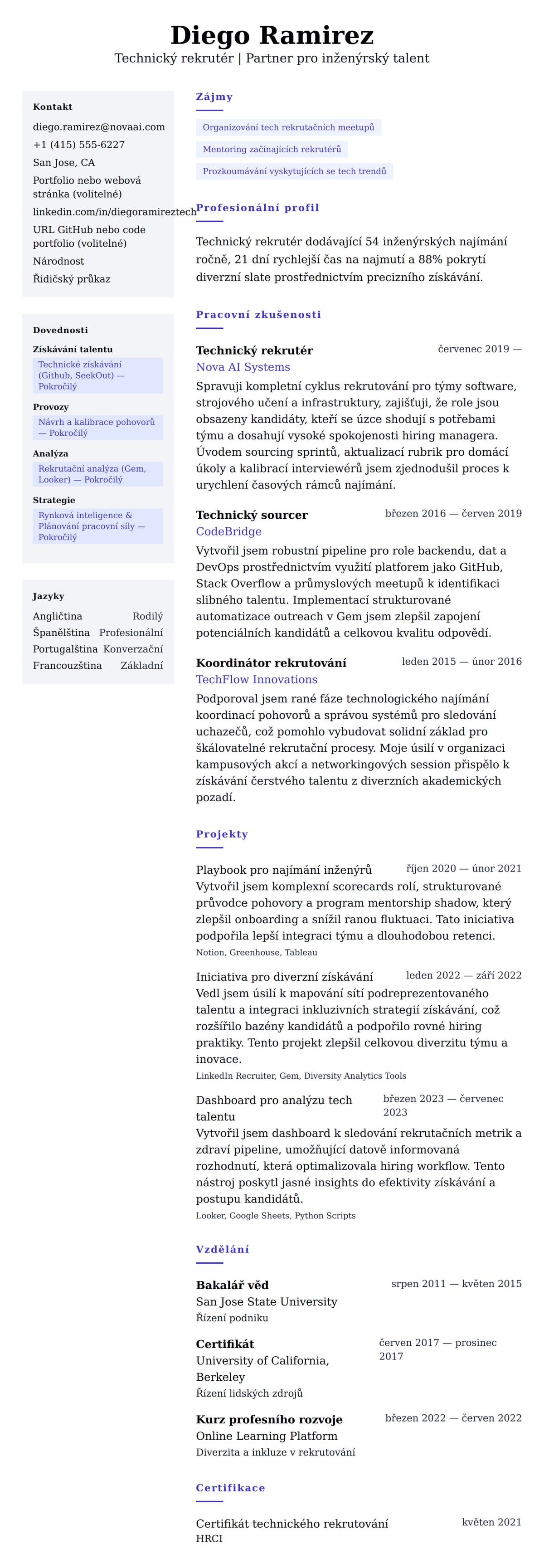 Náhled životopisu pro Příklad životopisu technického rekrutéra