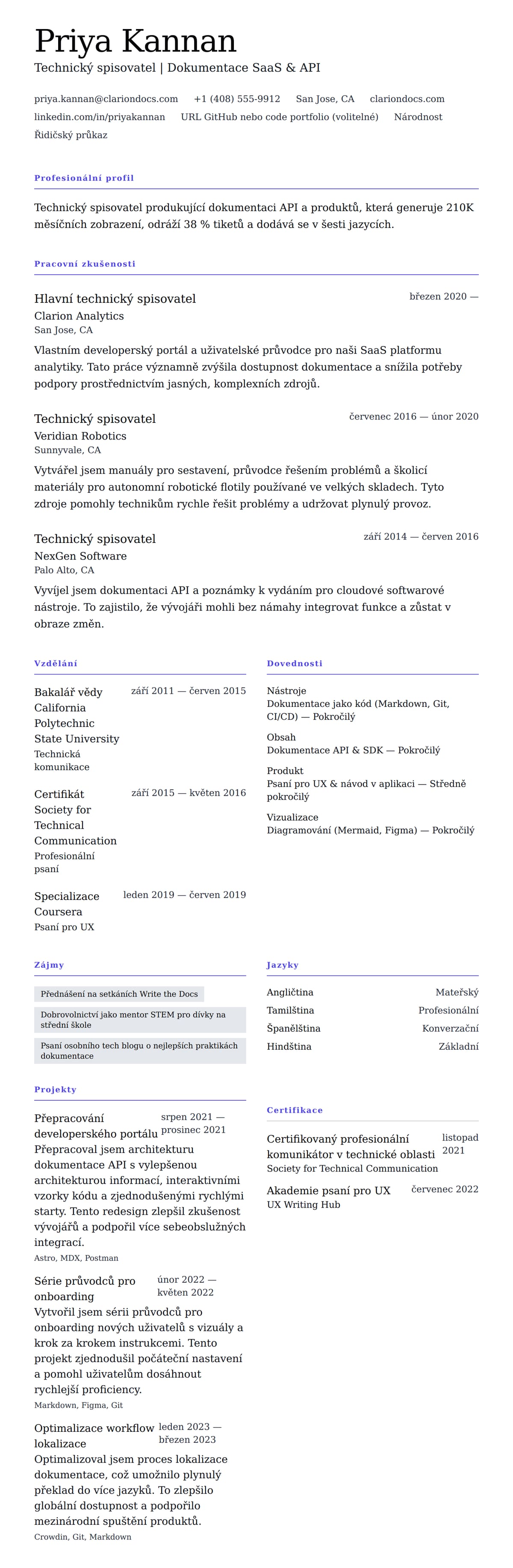 Náhled životopisu pro Příklad životopisu technického spisovatele