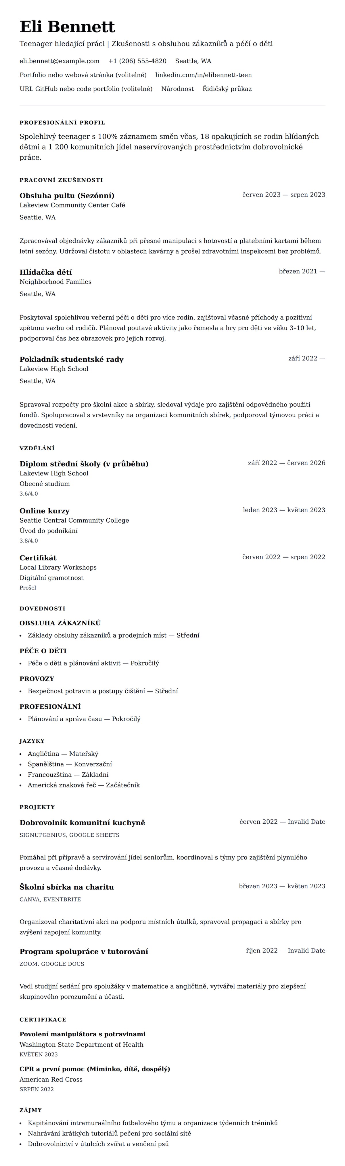 Náhled životopisu pro Příklad životopisu pro teenagera hledajícího práci