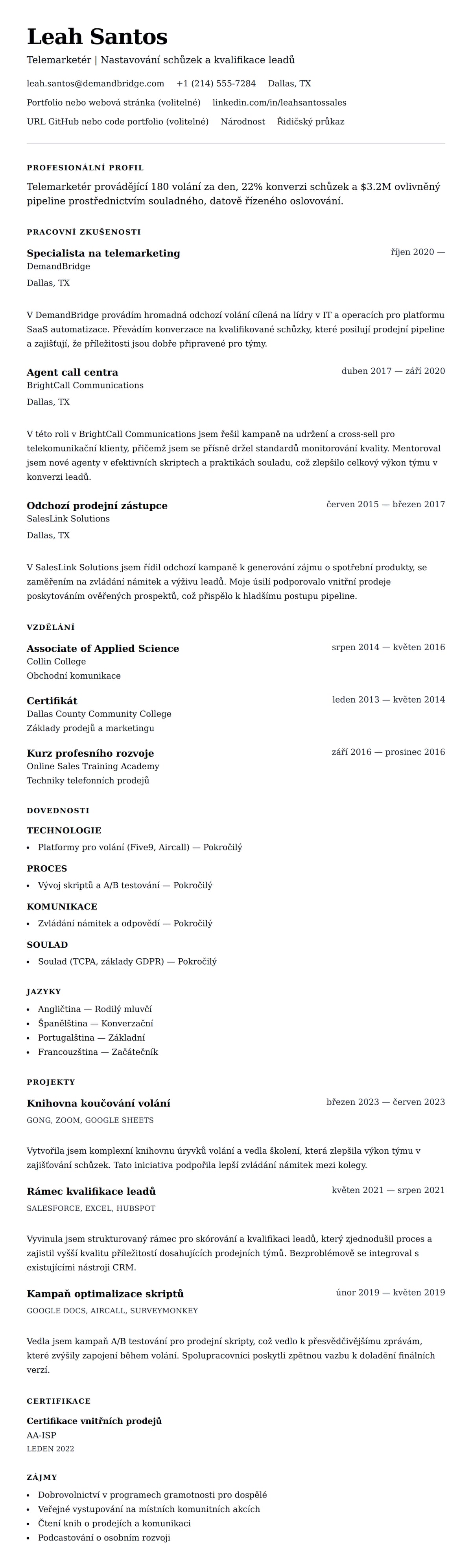 Náhled životopisu pro Příklad životopisu telemarketéra