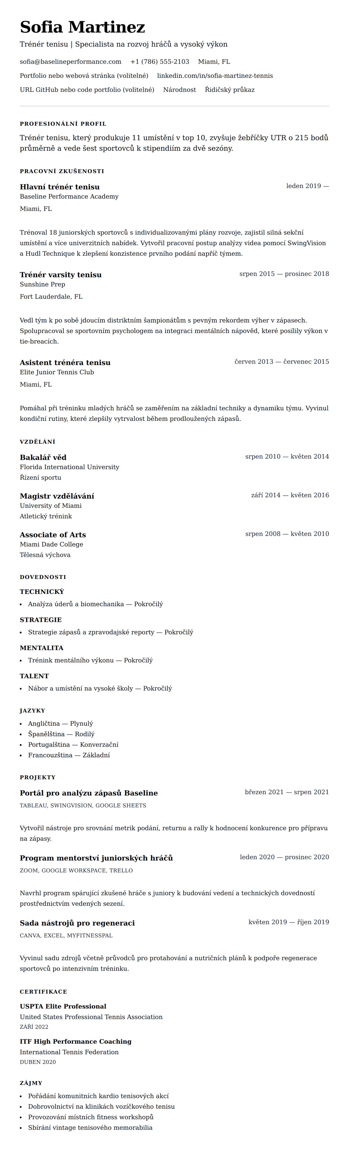 Náhled životopisu pro Příklad životopisu trénéra tenisu