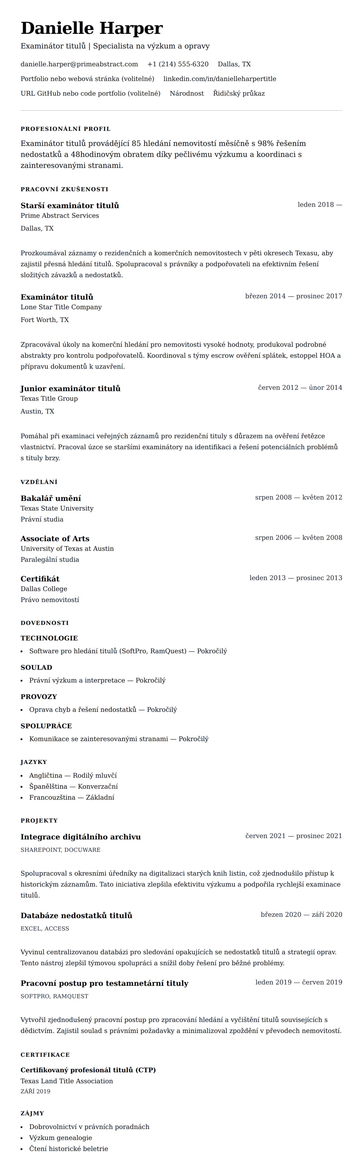 Náhled životopisu pro Příklad životopisu Examinátora titulů