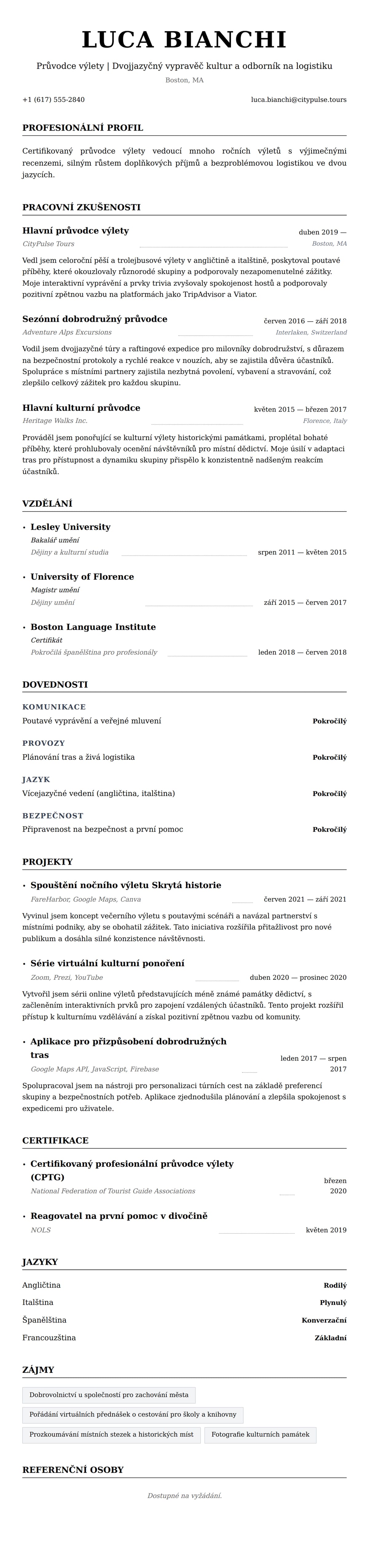 Náhled životopisu pro Příklad životopisu pro průvodce výlety