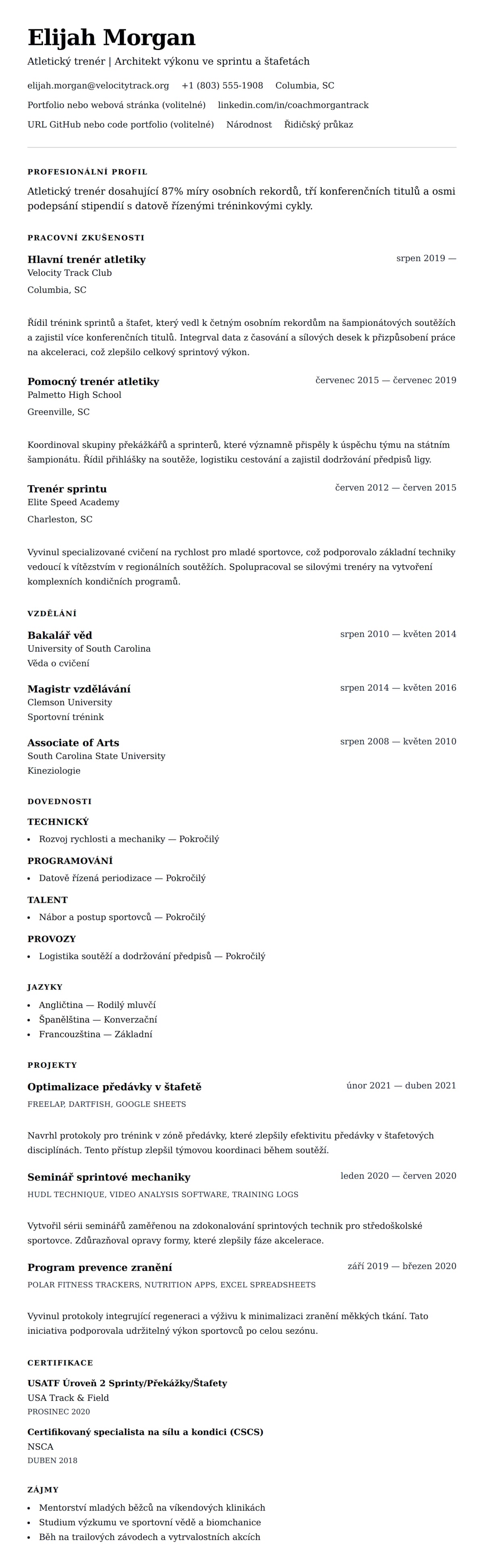 Náhled životopisu pro Příklad životopisu atletického trenéra