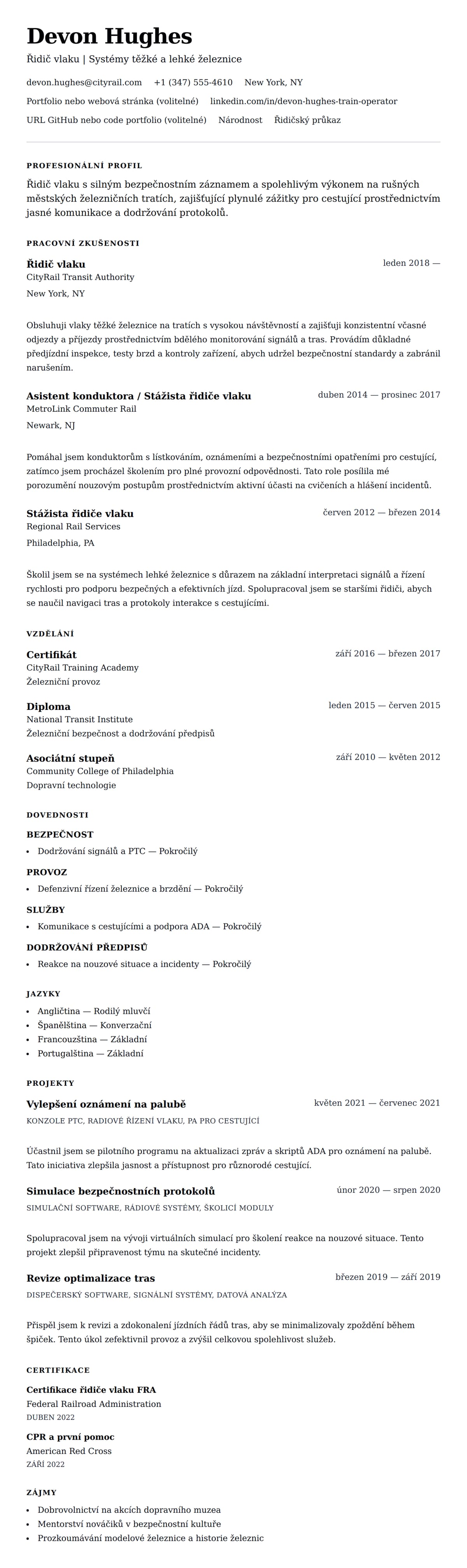 Náhled životopisu pro Příklad životopisu řidiče vlaku