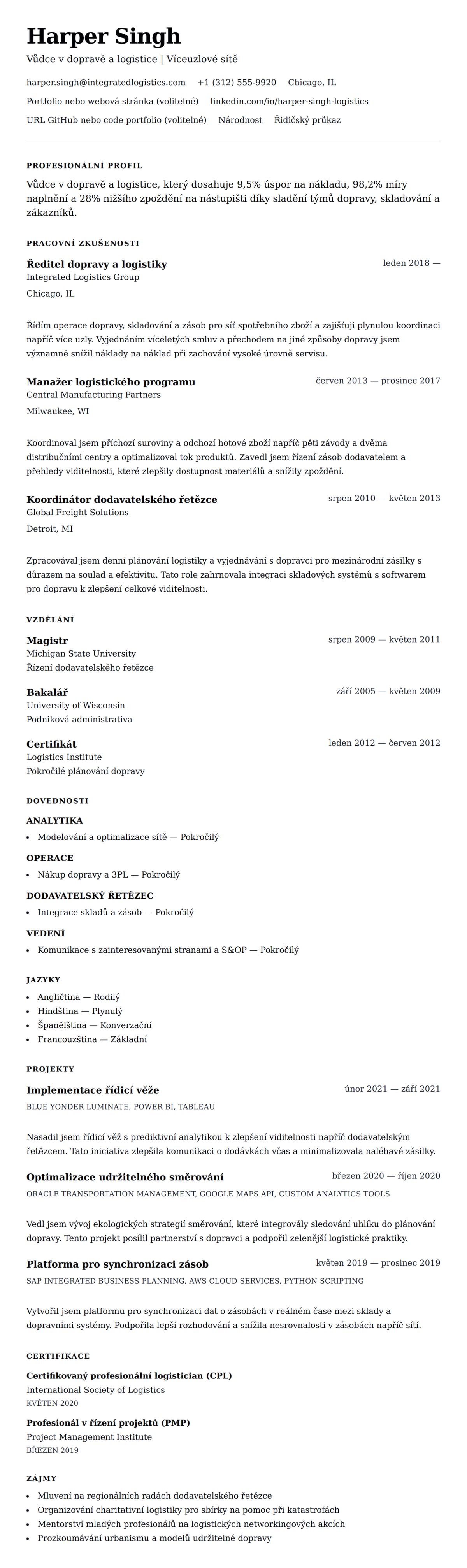 Náhled životopisu pro Příklad životopisu profesionála v dopravě a logistice