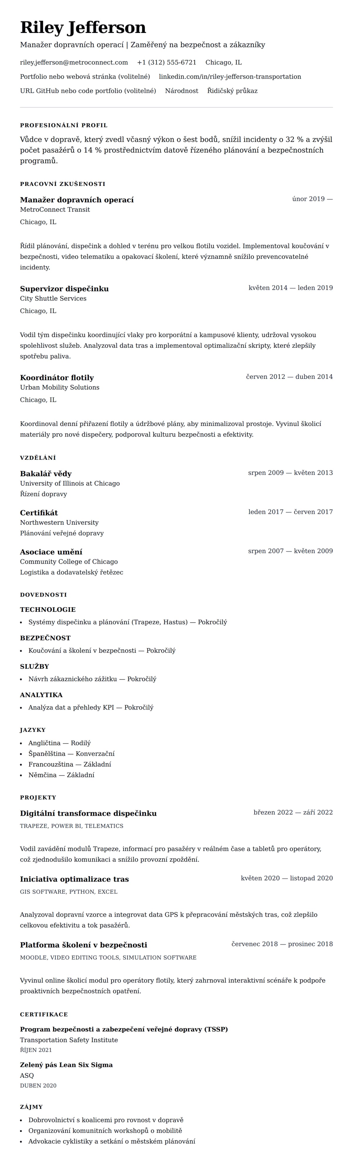 Náhled životopisu pro Příklad životopisu pro dopravního profesionála