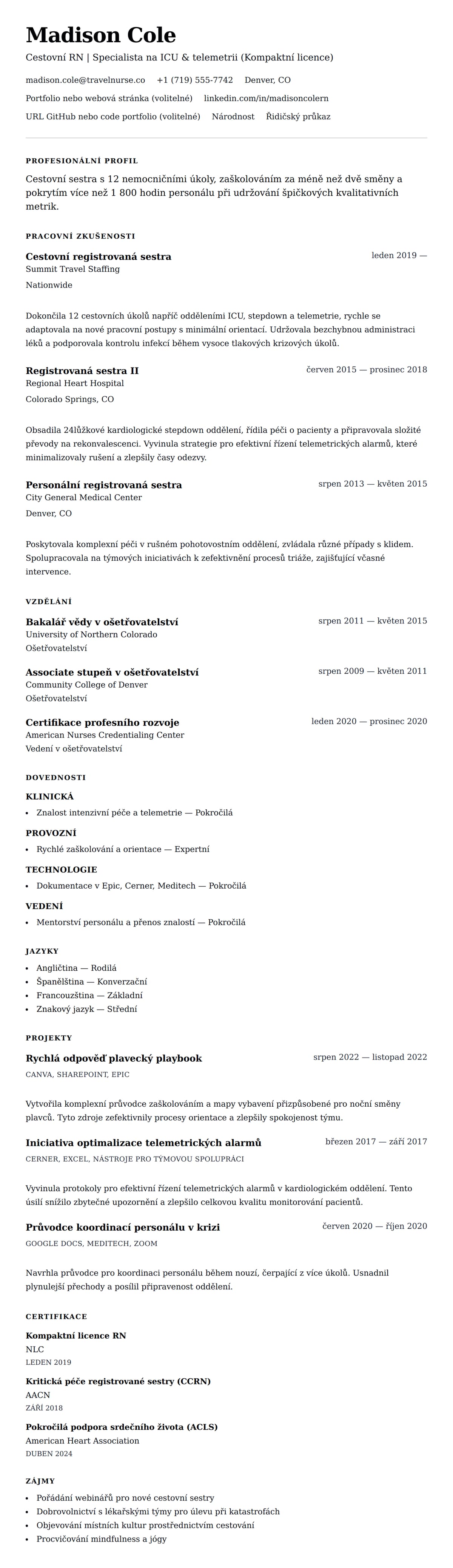 Náhled životopisu pro Příklad životopisu pro cestovní sestru