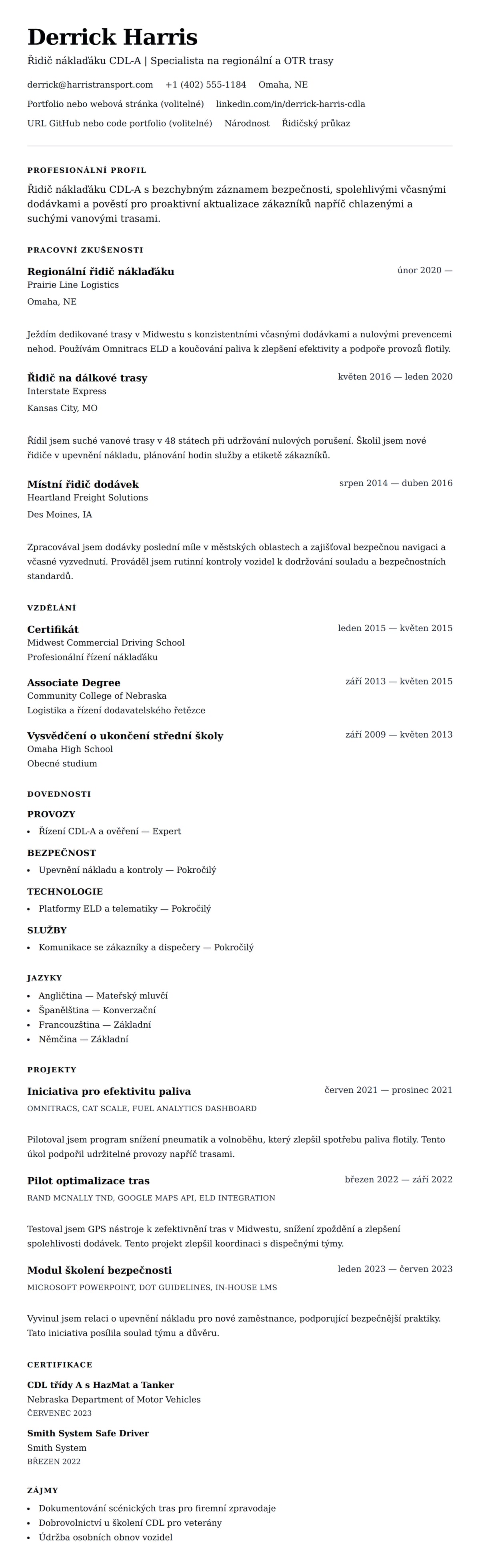 Náhled životopisu pro Příklad životopisu řidiče náklaďáku