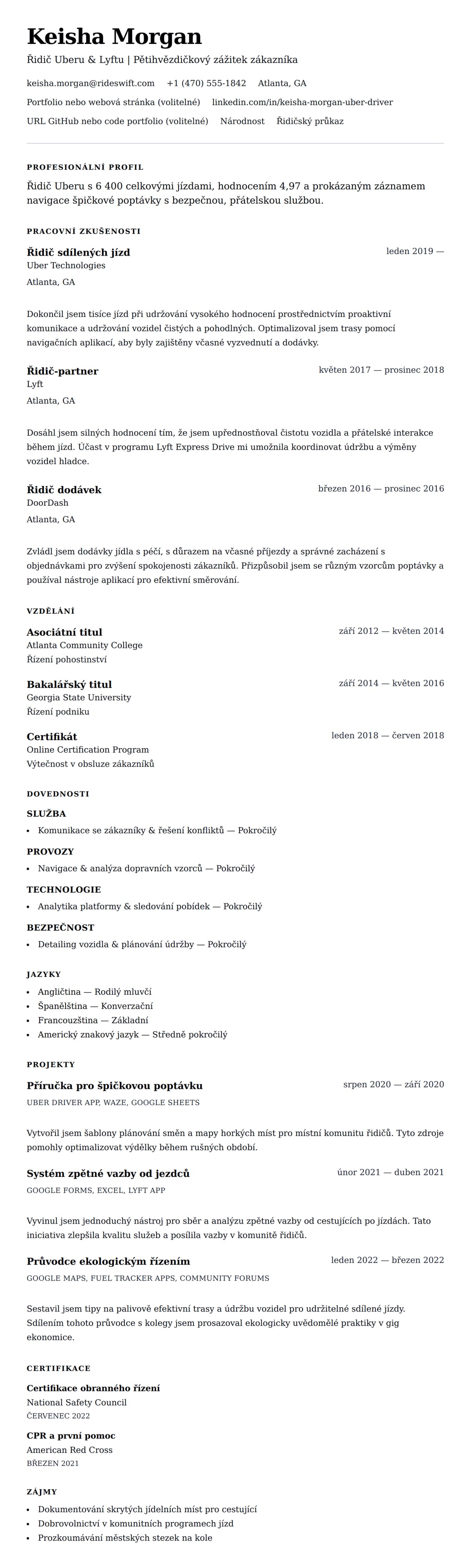 Náhled životopisu pro Příklad životopisu řidiče Uberu