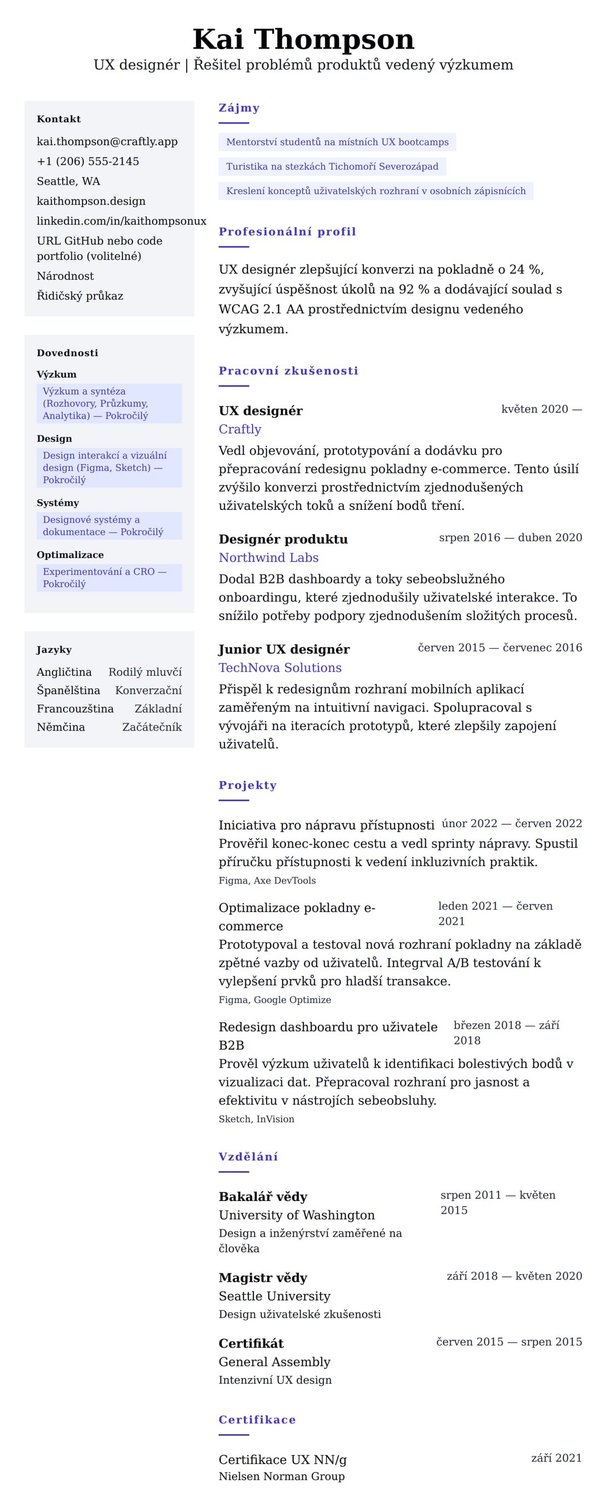 Náhled životopisu pro Příklad životopisu UX designéra