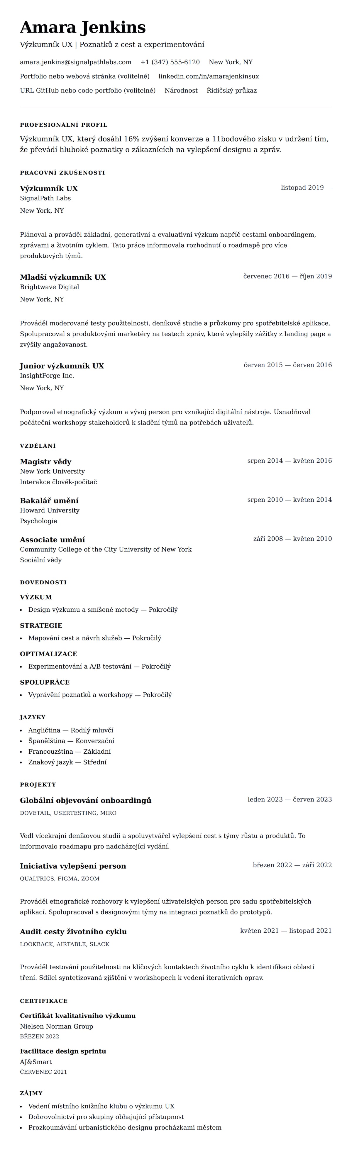 Náhled životopisu pro Příklad životopisu výzkumníka UX