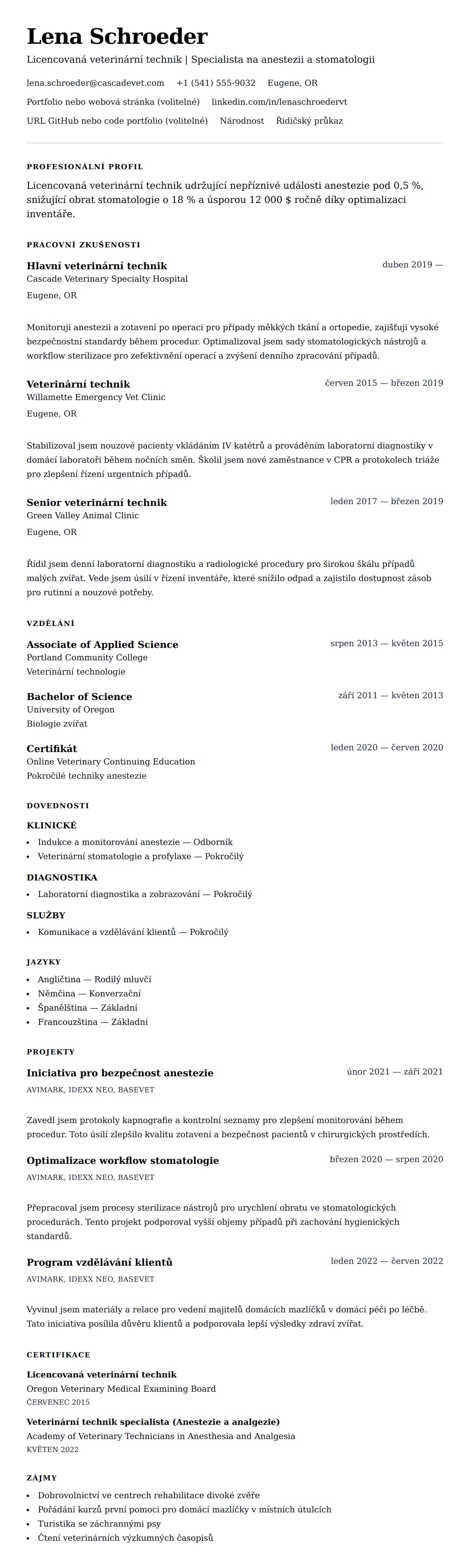 Náhled životopisu pro Příklad životopisu veterinárního technika