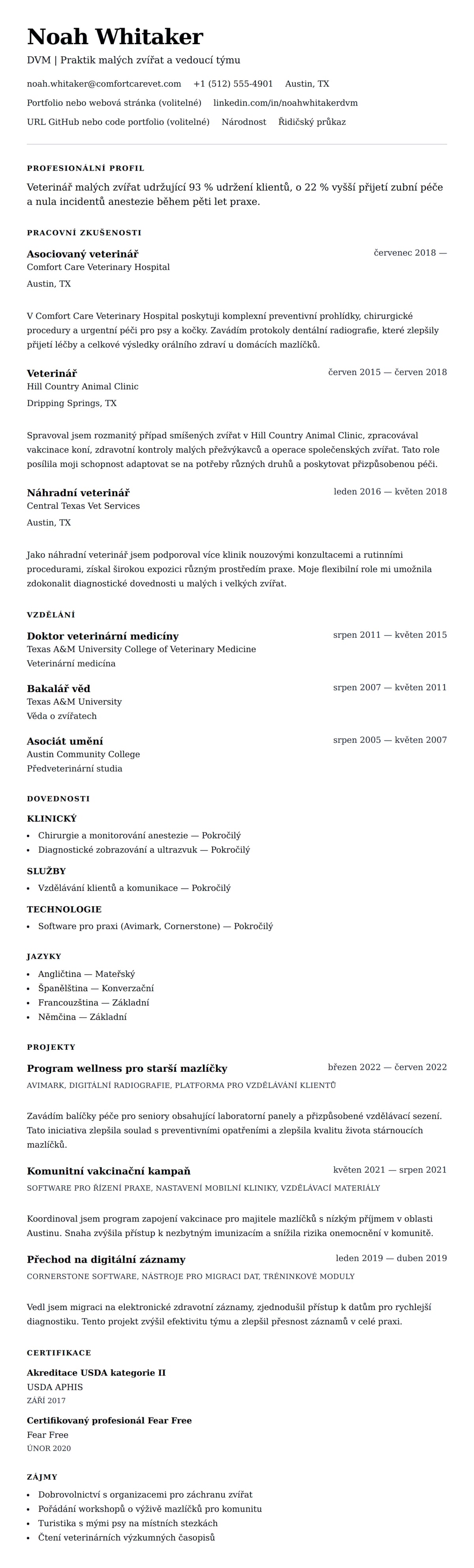 Náhled životopisu pro Příklad životopisu veterináře
