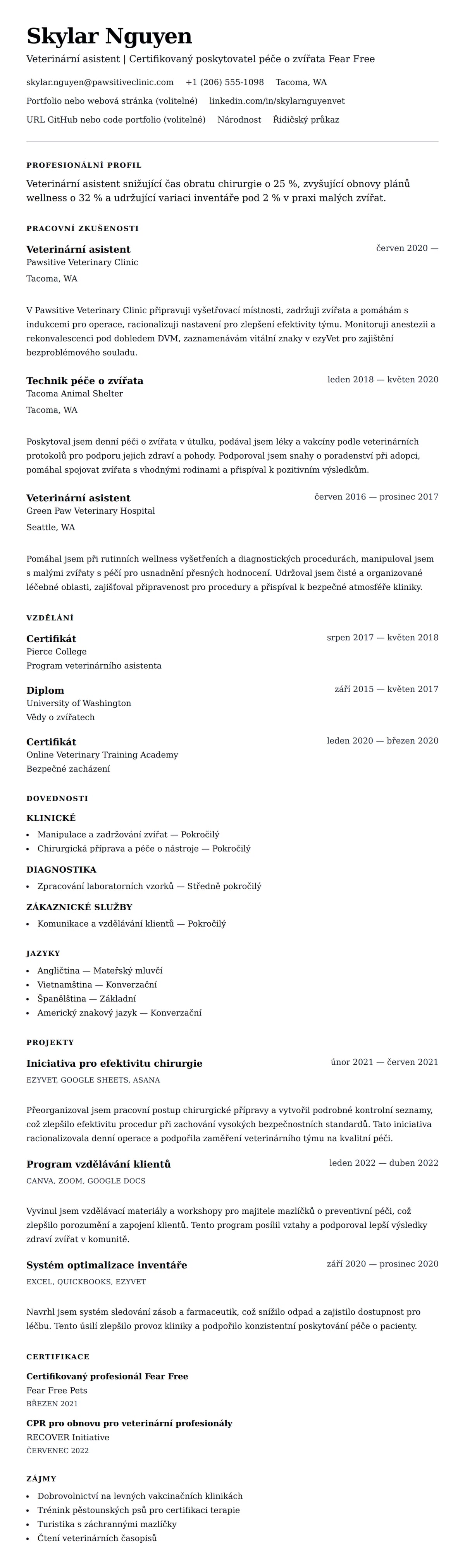 Náhled životopisu pro Příklad životopisu veterinárního asistenta