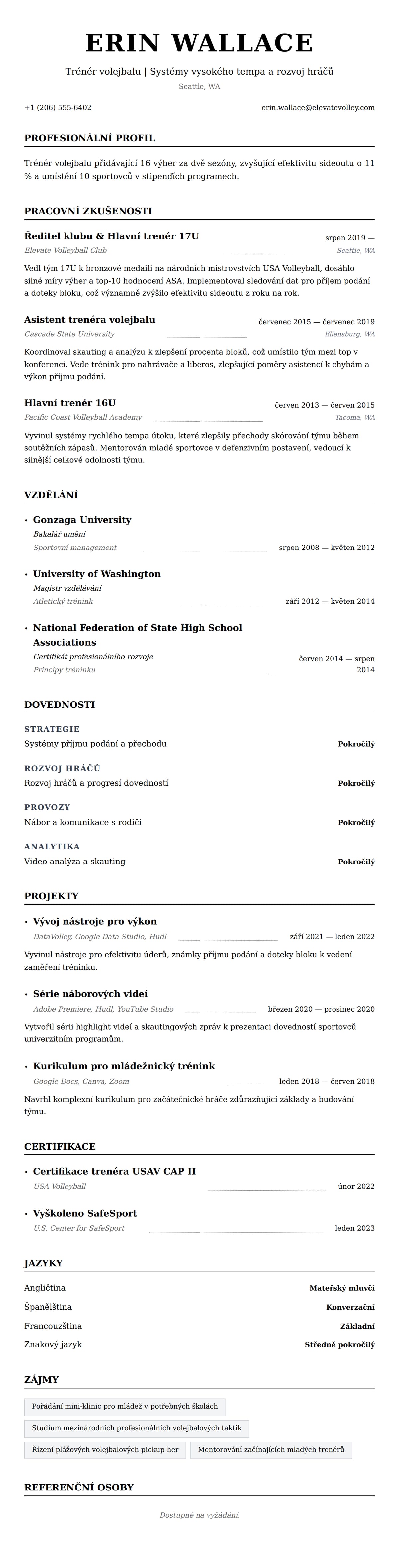 Náhled životopisu pro Příklad životopisu trénéra volejbalu