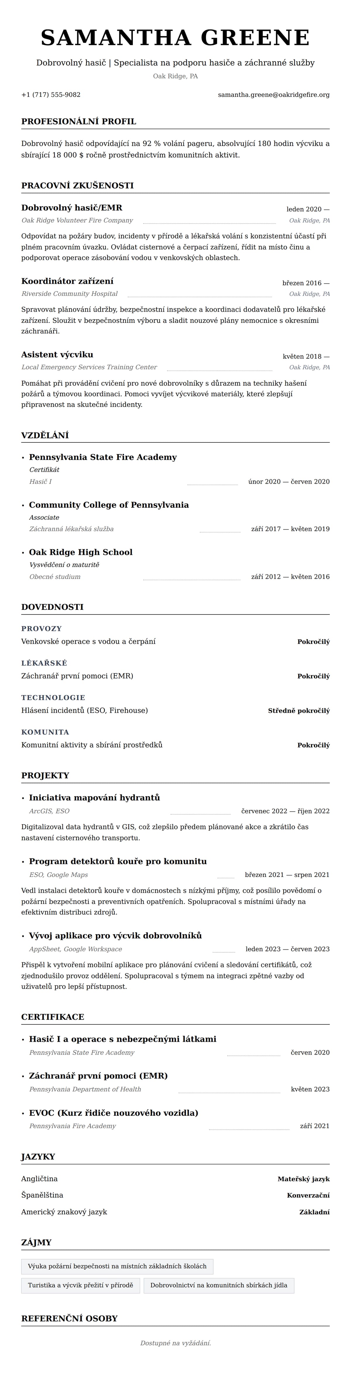 Náhled životopisu pro Příklad životopisu dobrovolného hasiče