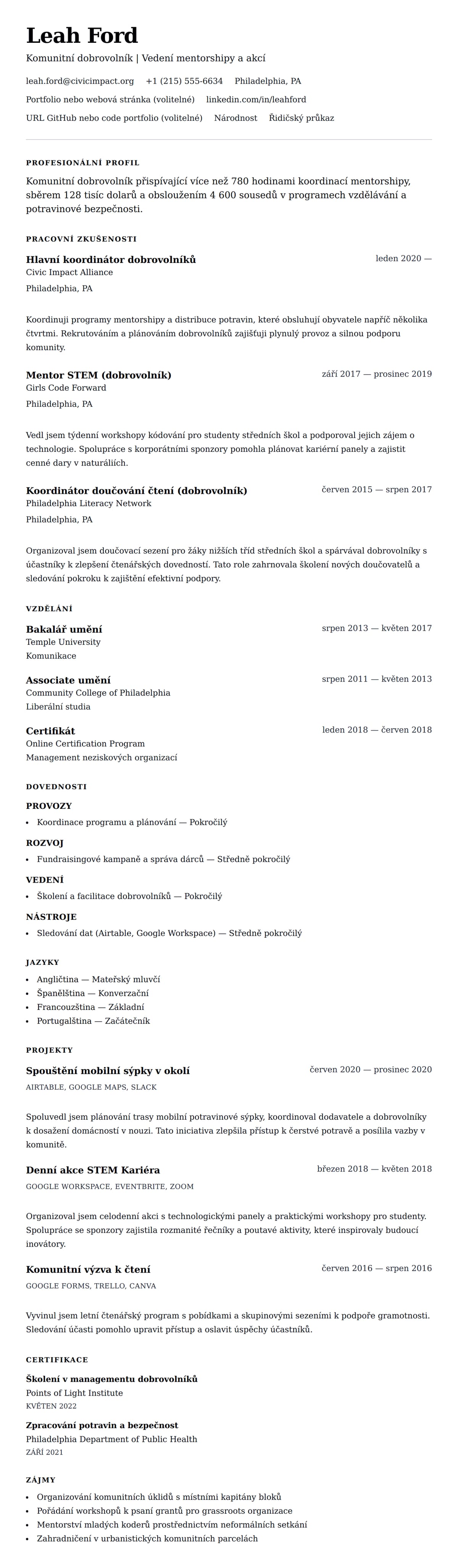 Náhled životopisu pro Příklad životopisu dobrovolníka