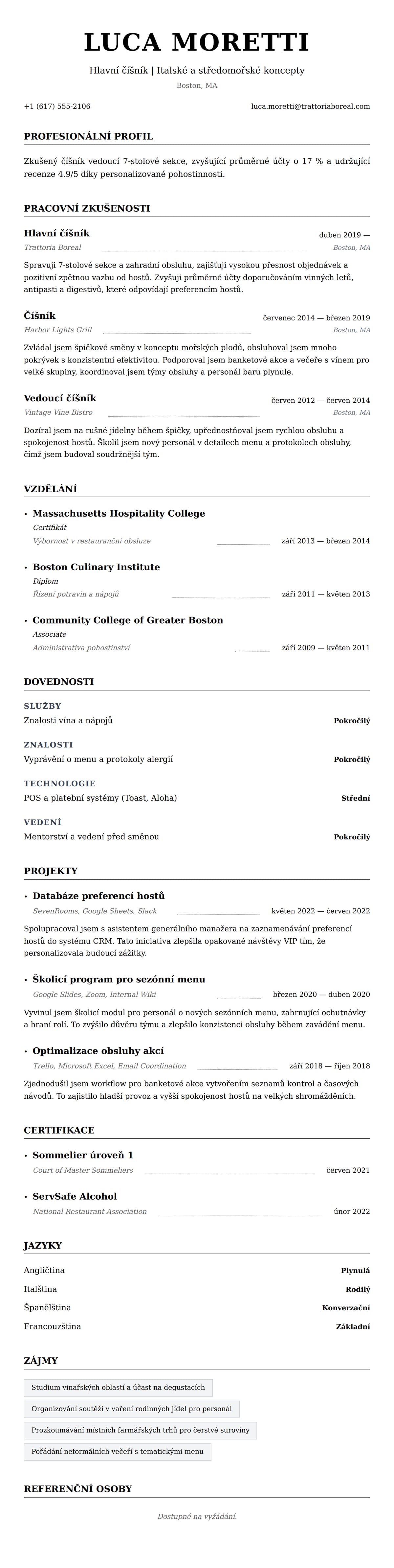 Náhled životopisu pro Příklad životopisu číšníka