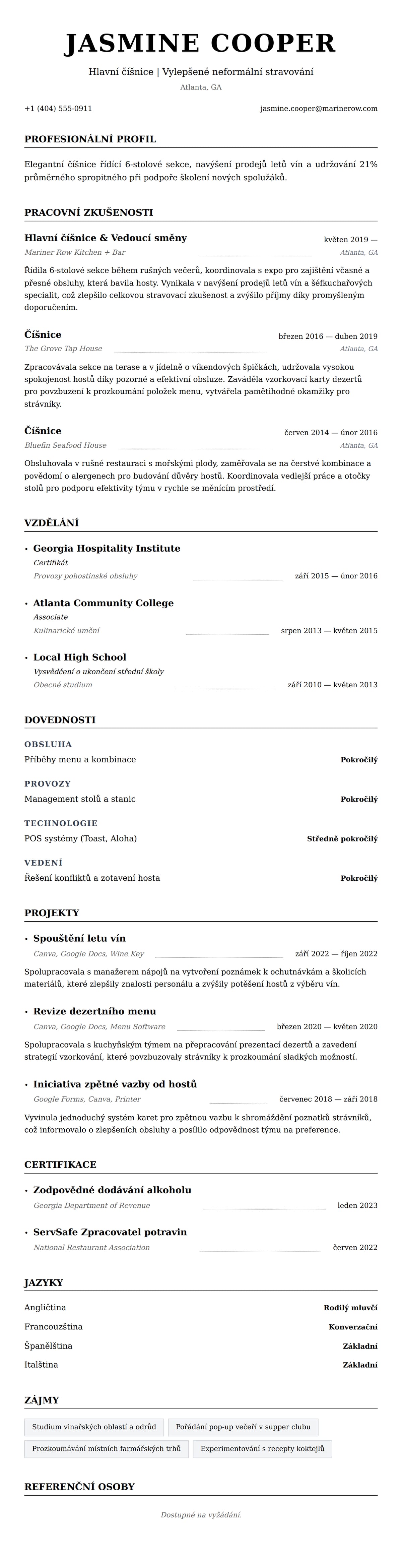 Náhled životopisu pro Příklad životopisu číšnice