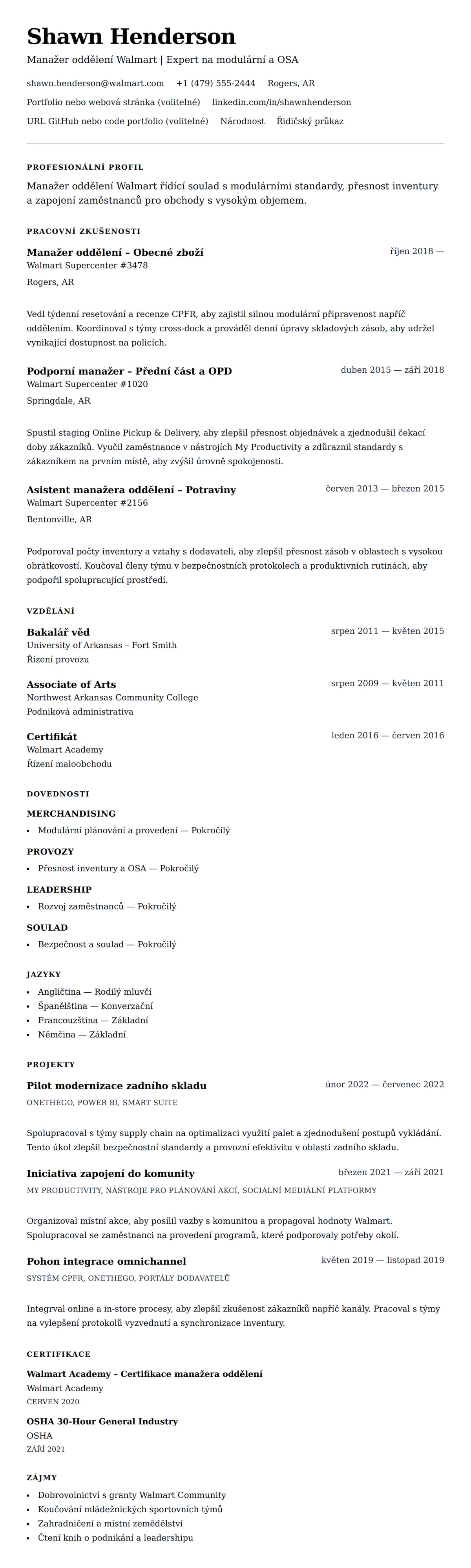 Náhled životopisu pro Příklad životopisu Manažera oddělení Walmart