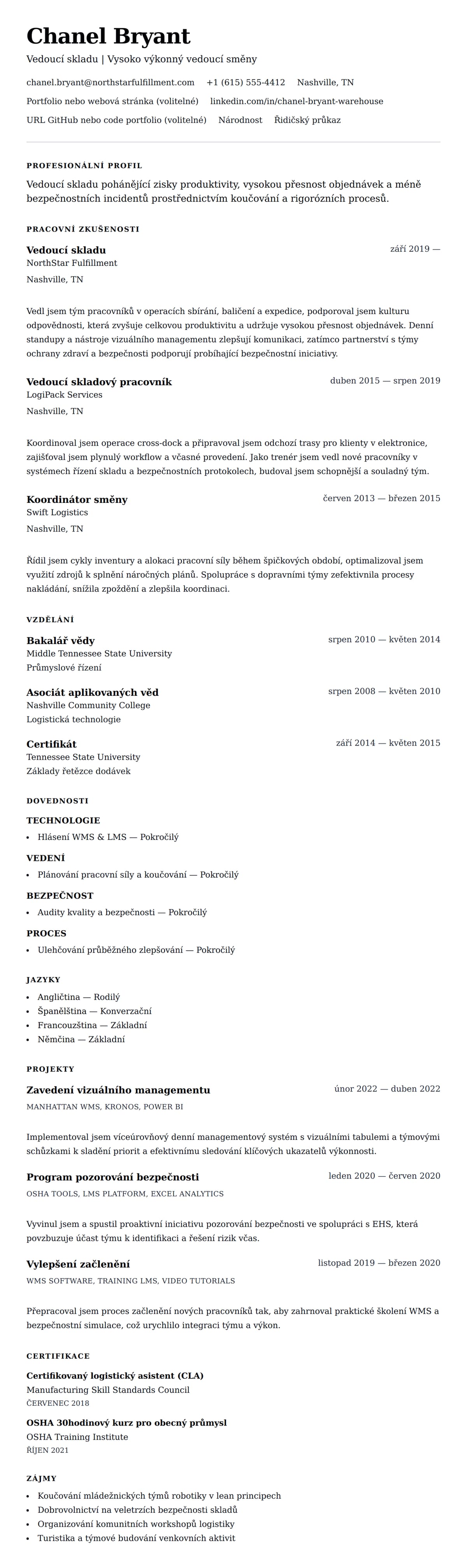 Náhled životopisu pro Příklad životopisu vedoucího skladu