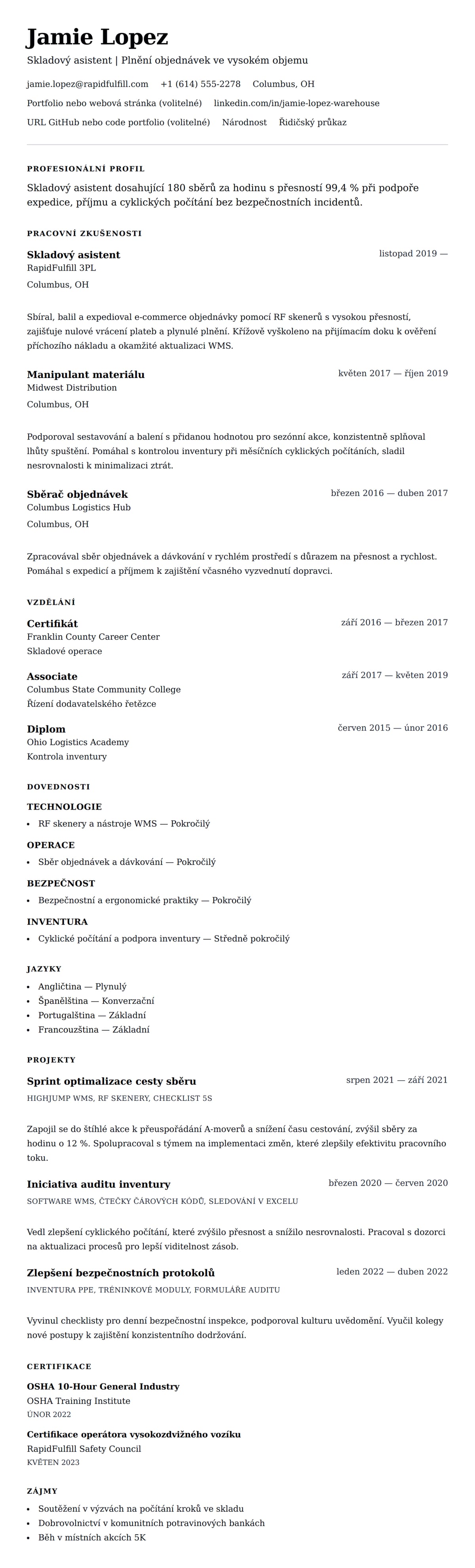 Náhled životopisu pro Příklad životopisu skladového pracovníka