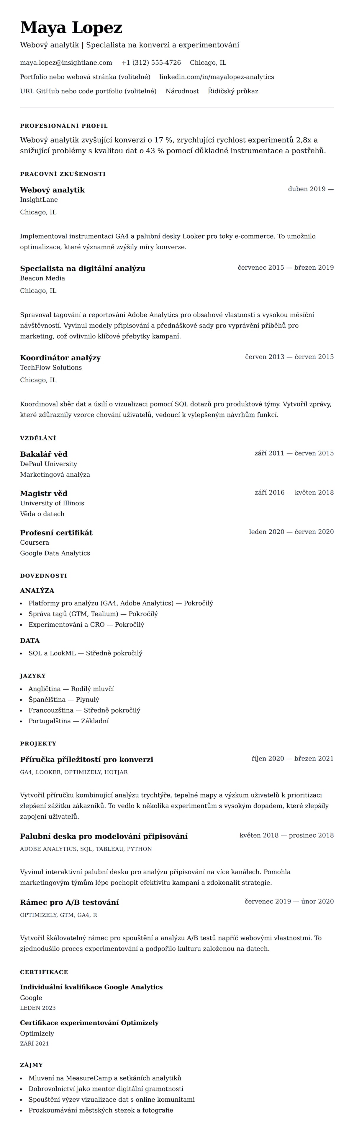 Náhled životopisu pro Příklad životopisu webového analytika