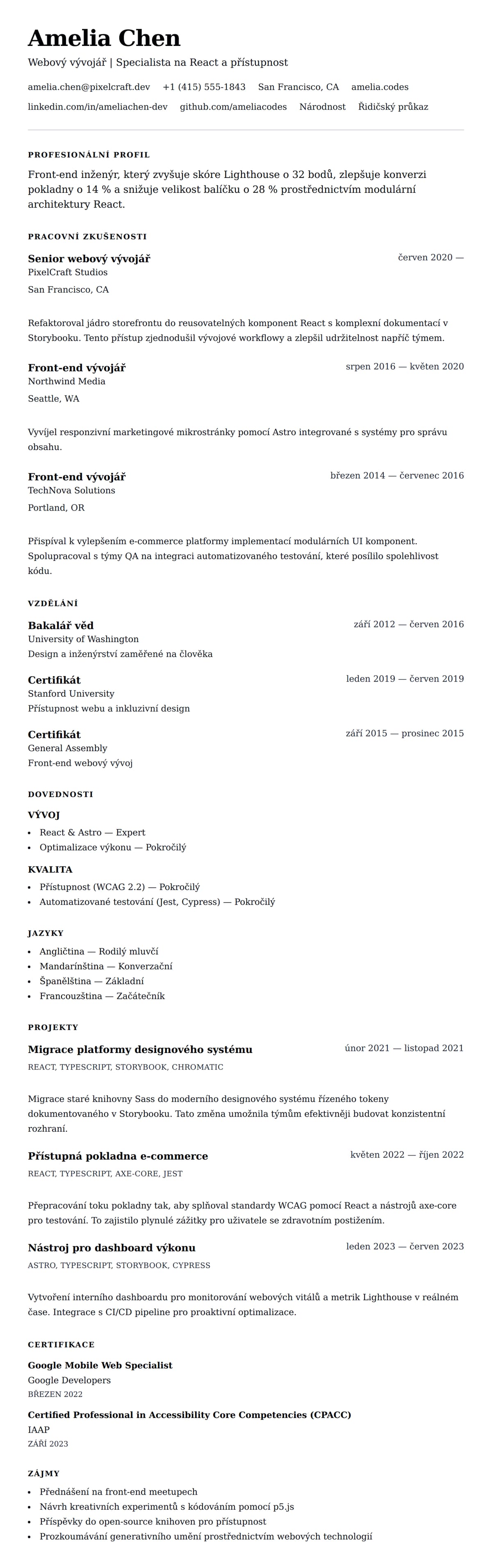 Náhled životopisu pro Příklad životopisu webového vývojáře