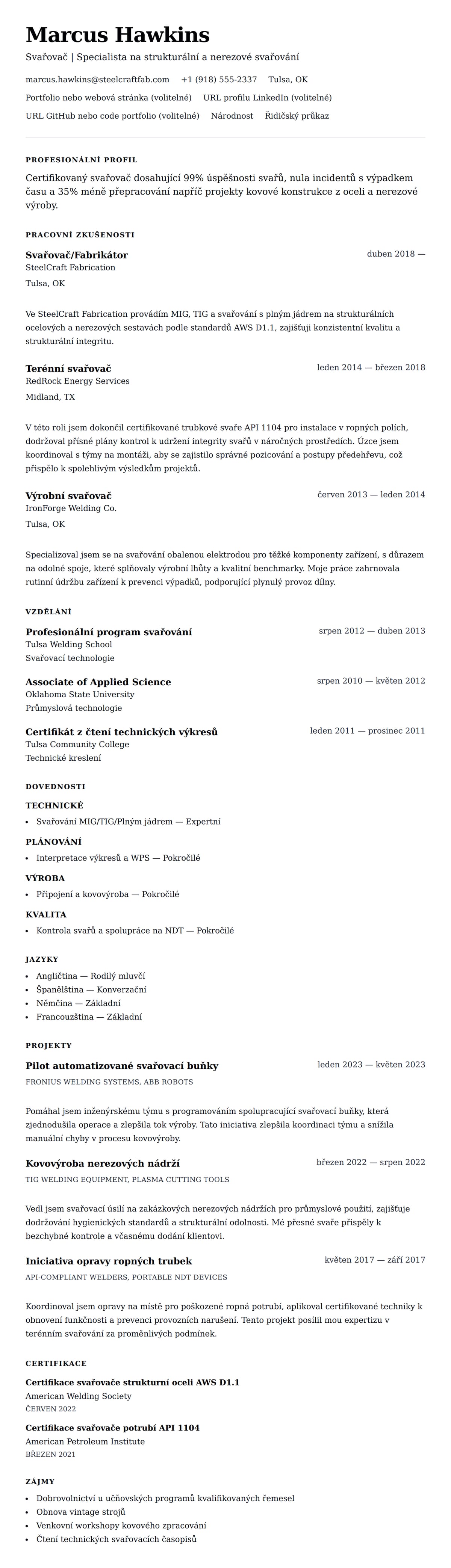 Náhled životopisu pro Příklad životopisu svařovače