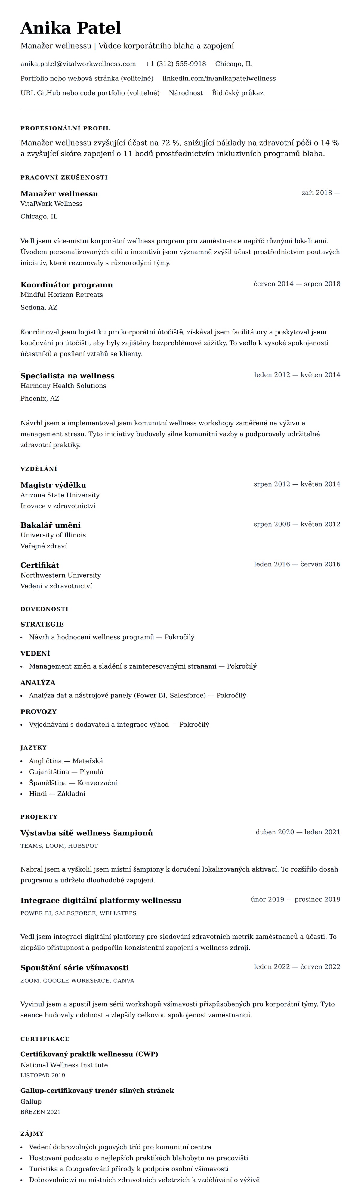Náhled životopisu pro Příklad životopisu manažera wellnessu
