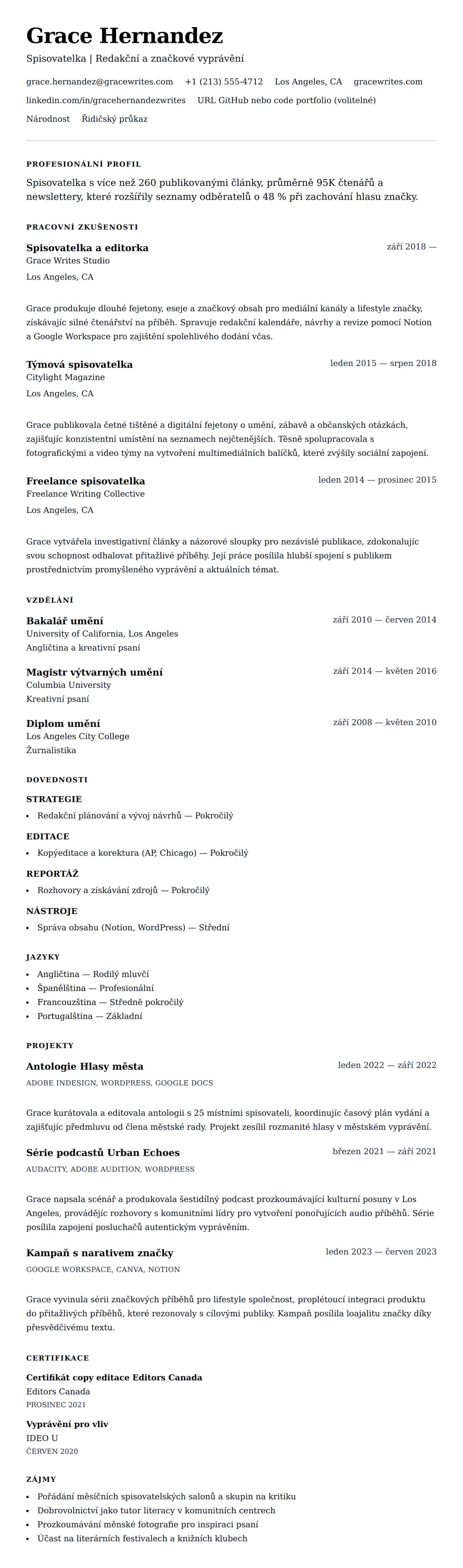 Náhled životopisu pro Příklad životopisu spisovatelky