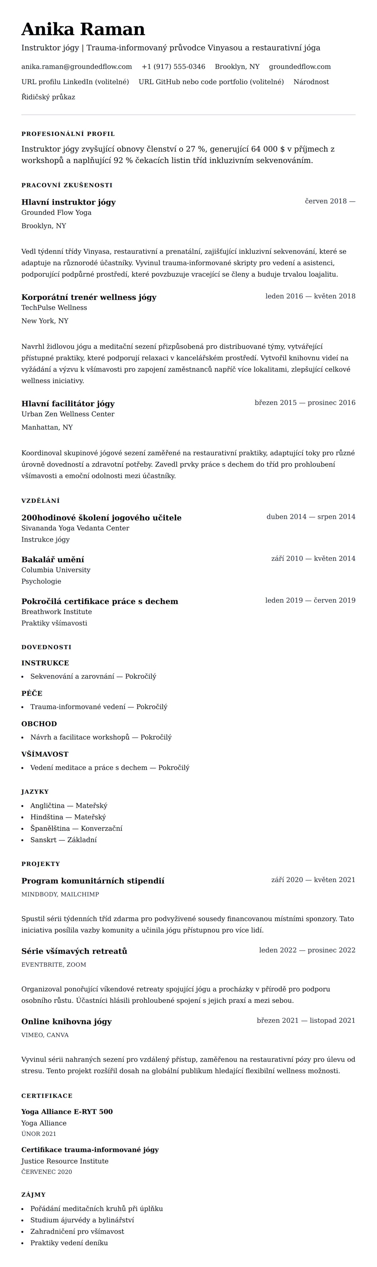 Náhled životopisu pro Příklad životopisu instruktora jógy