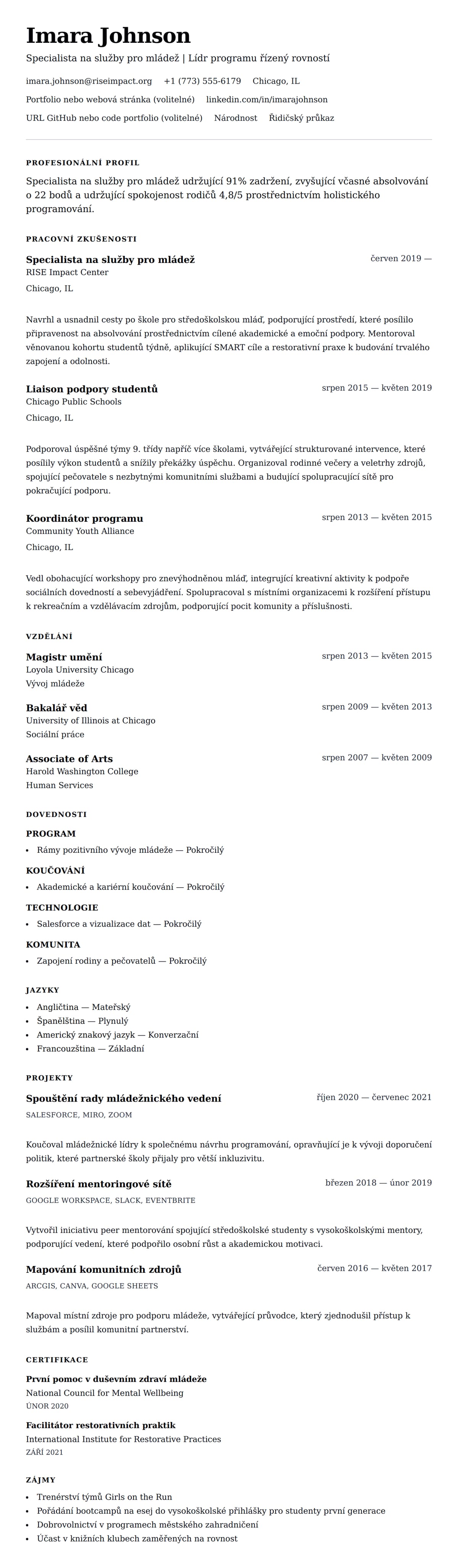 Náhled životopisu pro Příklad životopisu specialisty na služby pro mládež