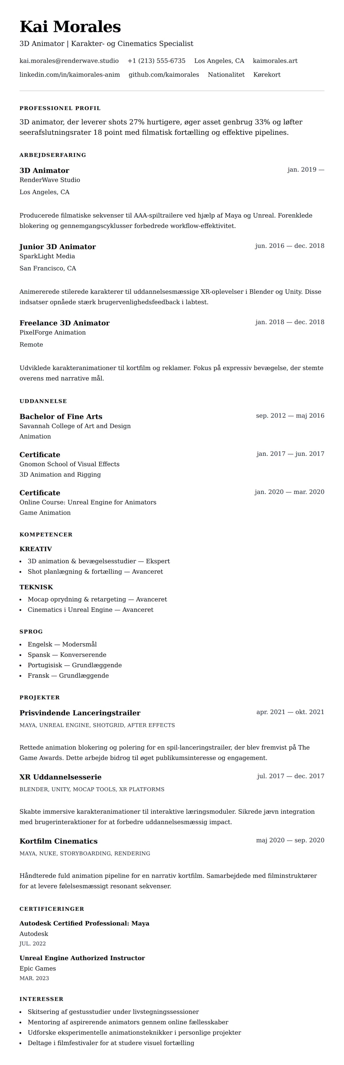 CV-forhåndsvisning for 3D Animator CV Eksempel