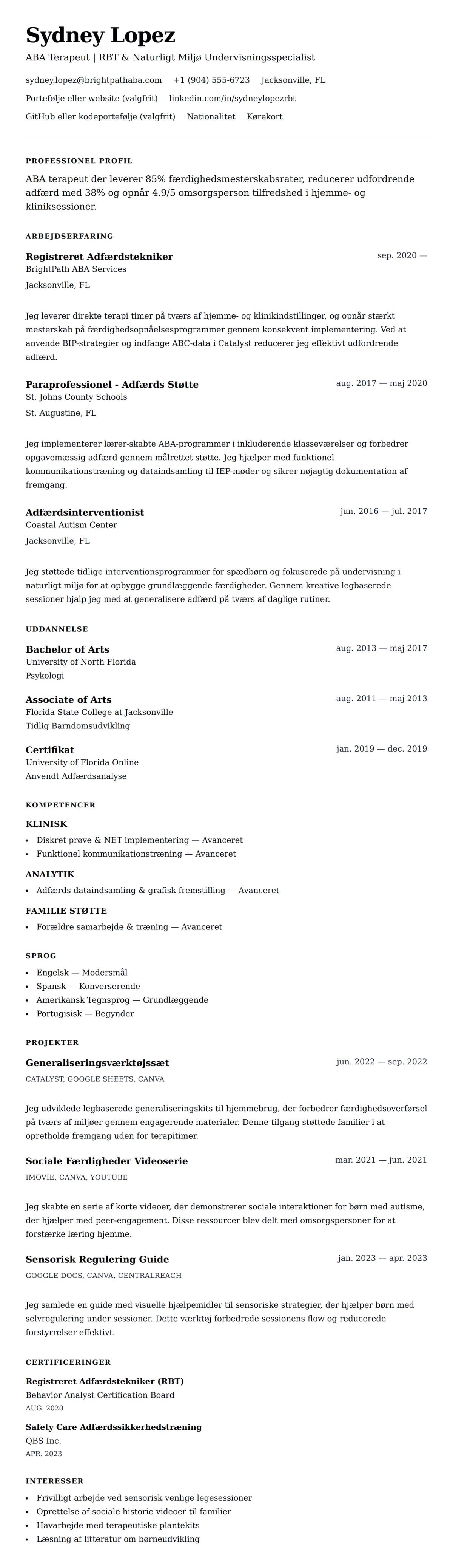 CV-forhåndsvisning for ABA Terapeut CV Eksempel