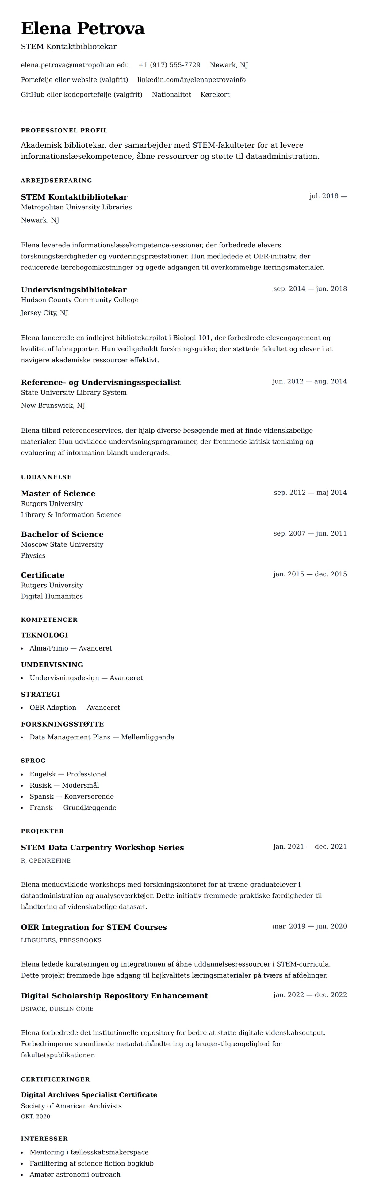 CV-forhåndsvisning for Akademisk Bibliotekar CV Eksempel