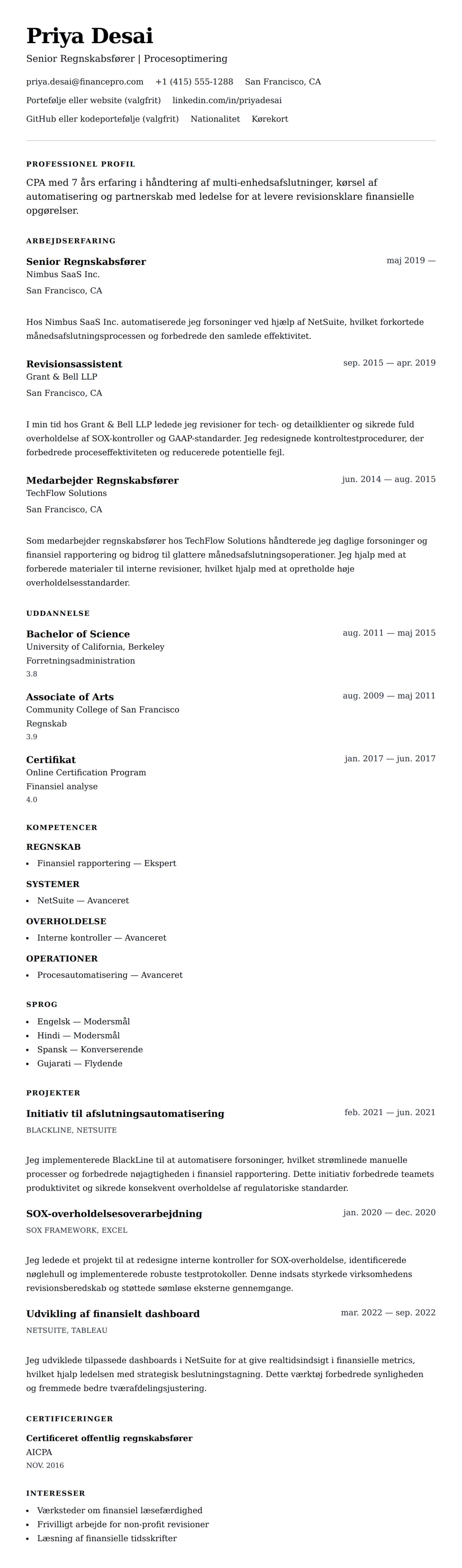 CV-forhåndsvisning for Eksempel på regnskabsfører CV