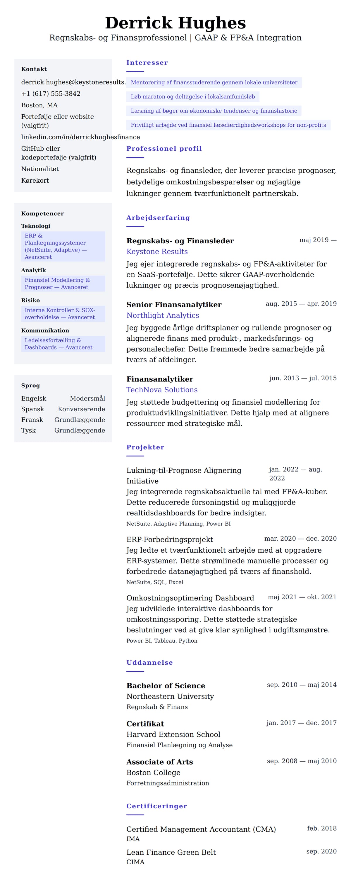 CV-forhåndsvisning for Eksempel på CV for Regnskabs- og Finansprofessionel