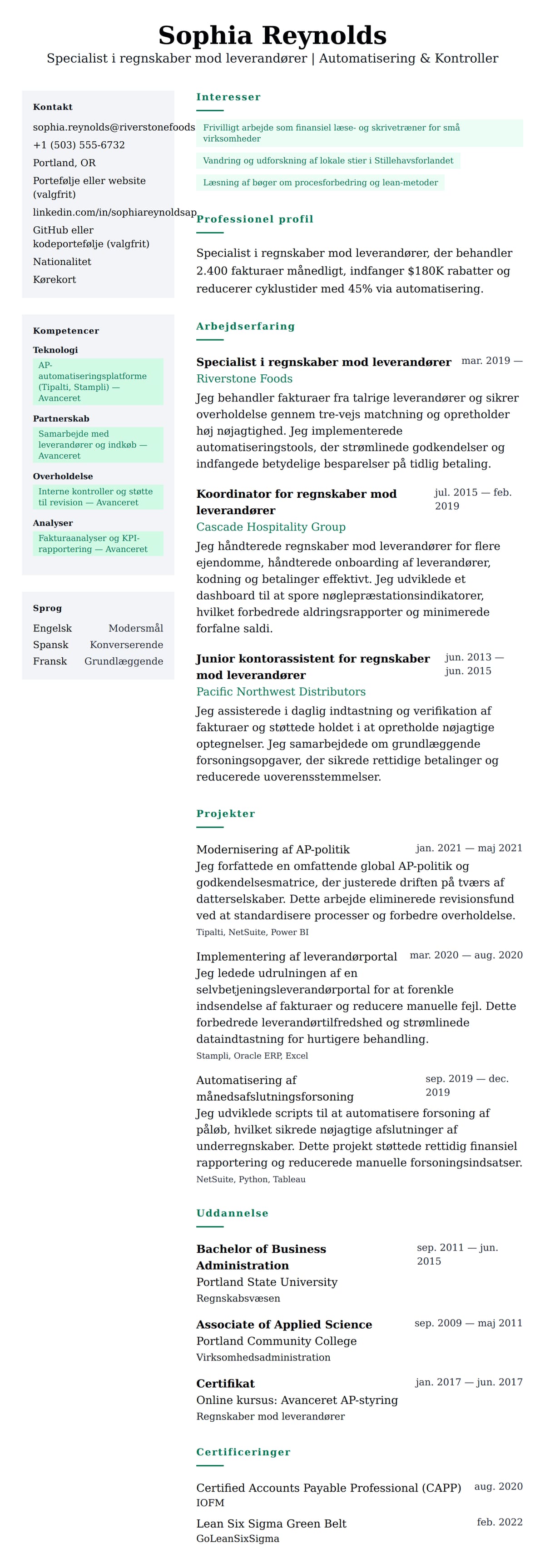 CV-forhåndsvisning for Eksempel på CV for Specialist i regnskaber mod leverandører
