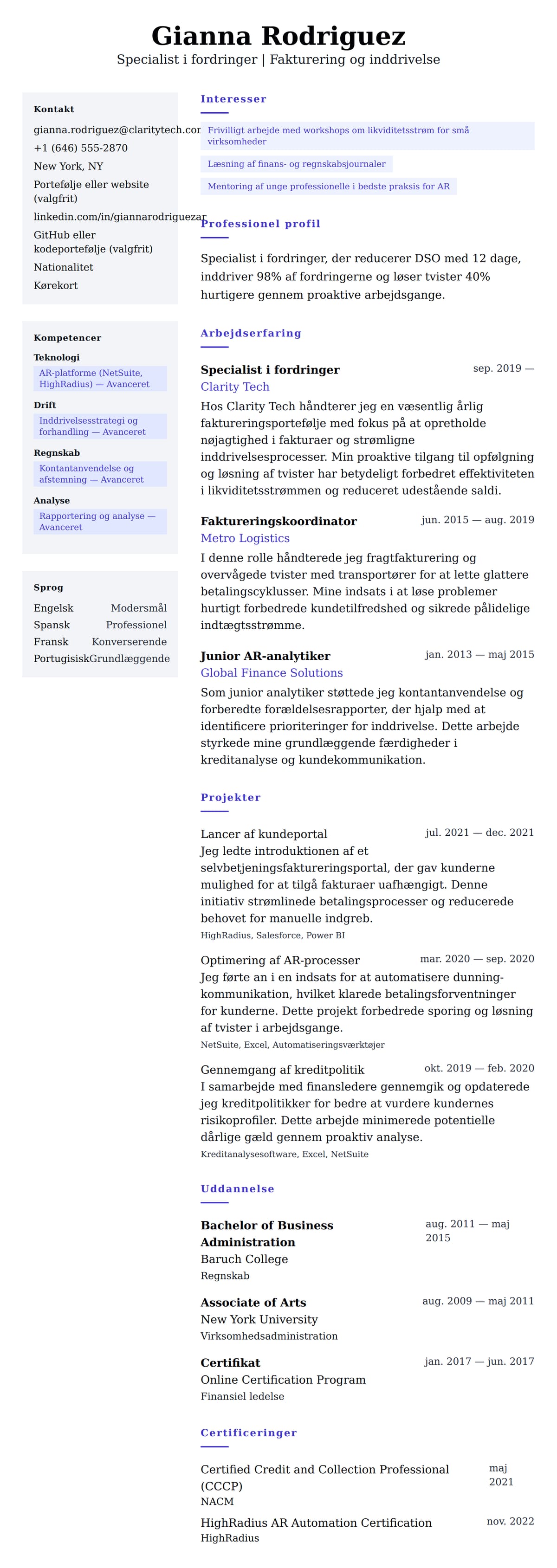 CV-forhåndsvisning for Eksempel på CV for Specialist i fordringer
