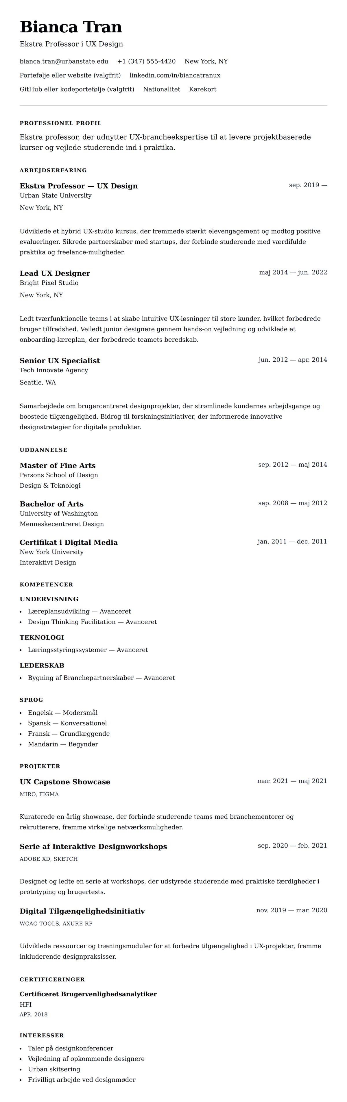 CV-forhåndsvisning for Eksempel på CV for Ekstra Professor