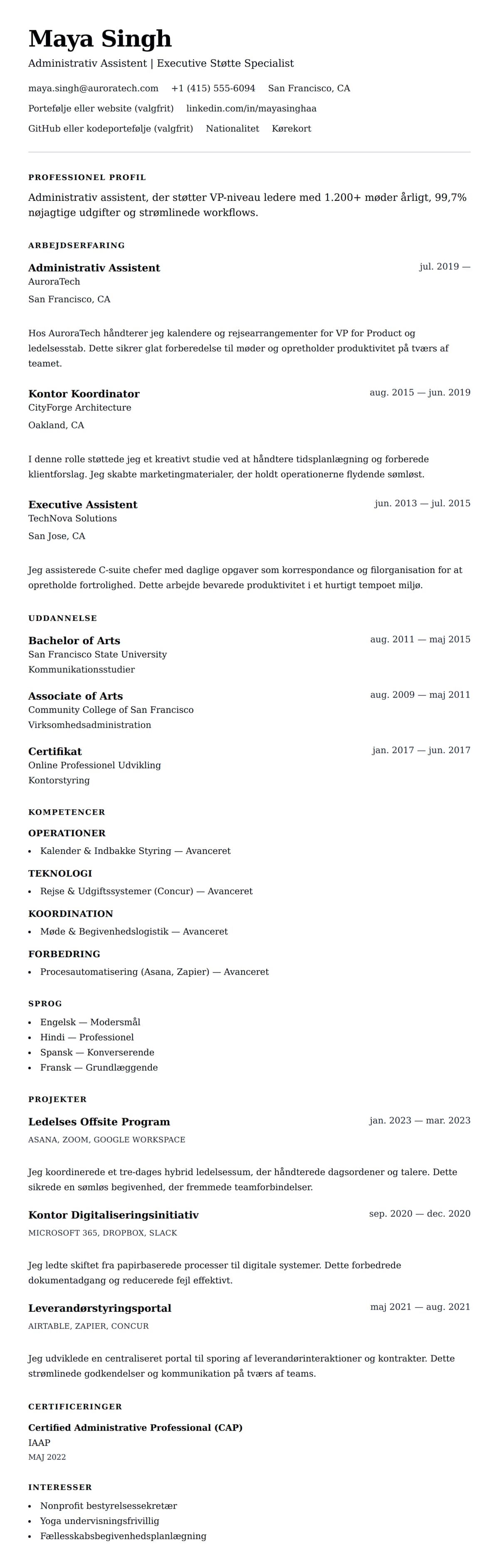 CV-forhåndsvisning for Administrativ Assistent CV Eksempel
